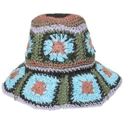 Fergie Granny Square Hand Crochet Toyo Straw Bucket Hat